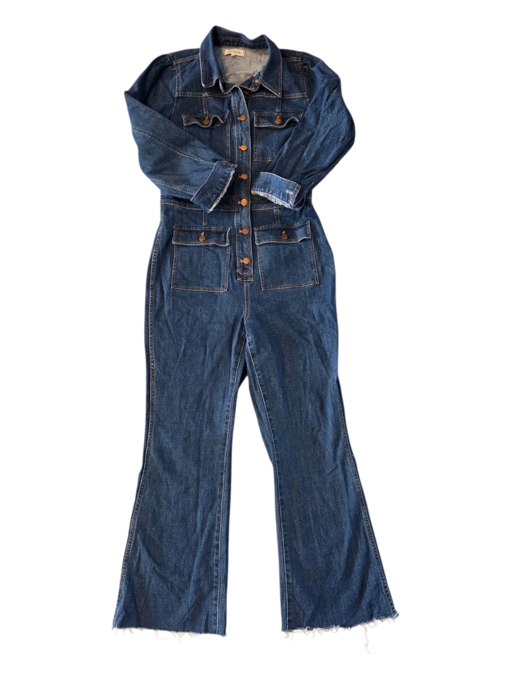 Madewell Denim Flare Jumpsuit, Button Up, 70's Style, Flap Pockets, Size: 8